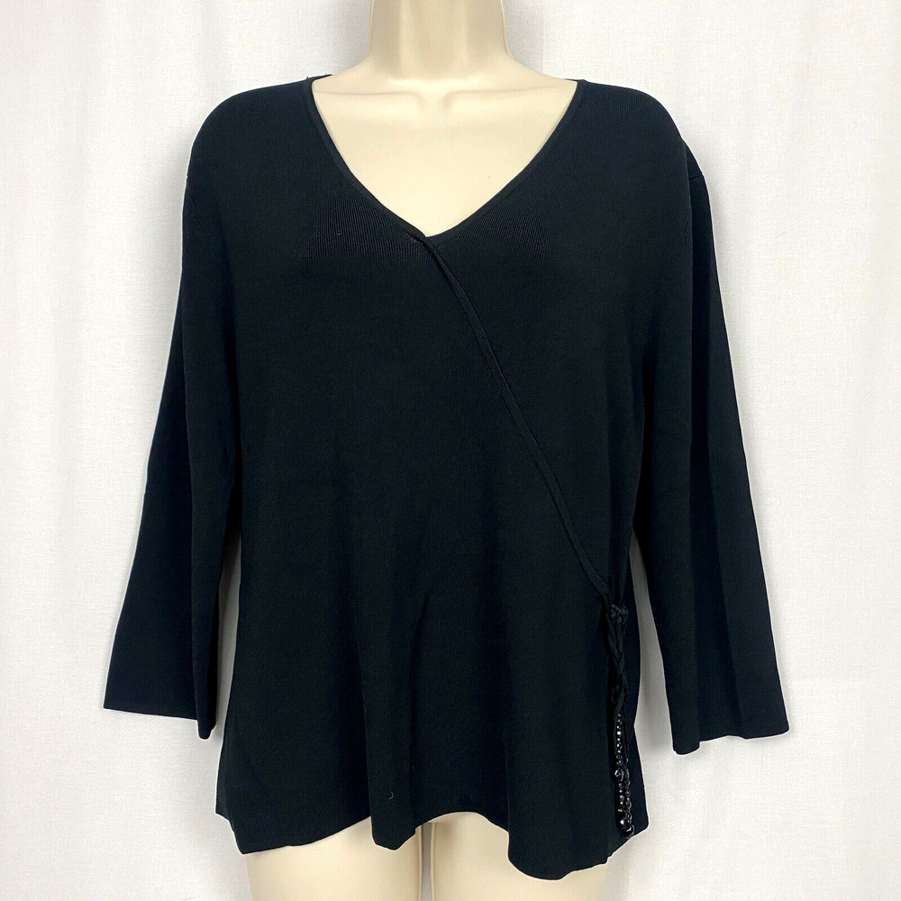 Coldwater Creek Sweater Womens Large Black Tassel Trim V Neck Slinky Travel Knit